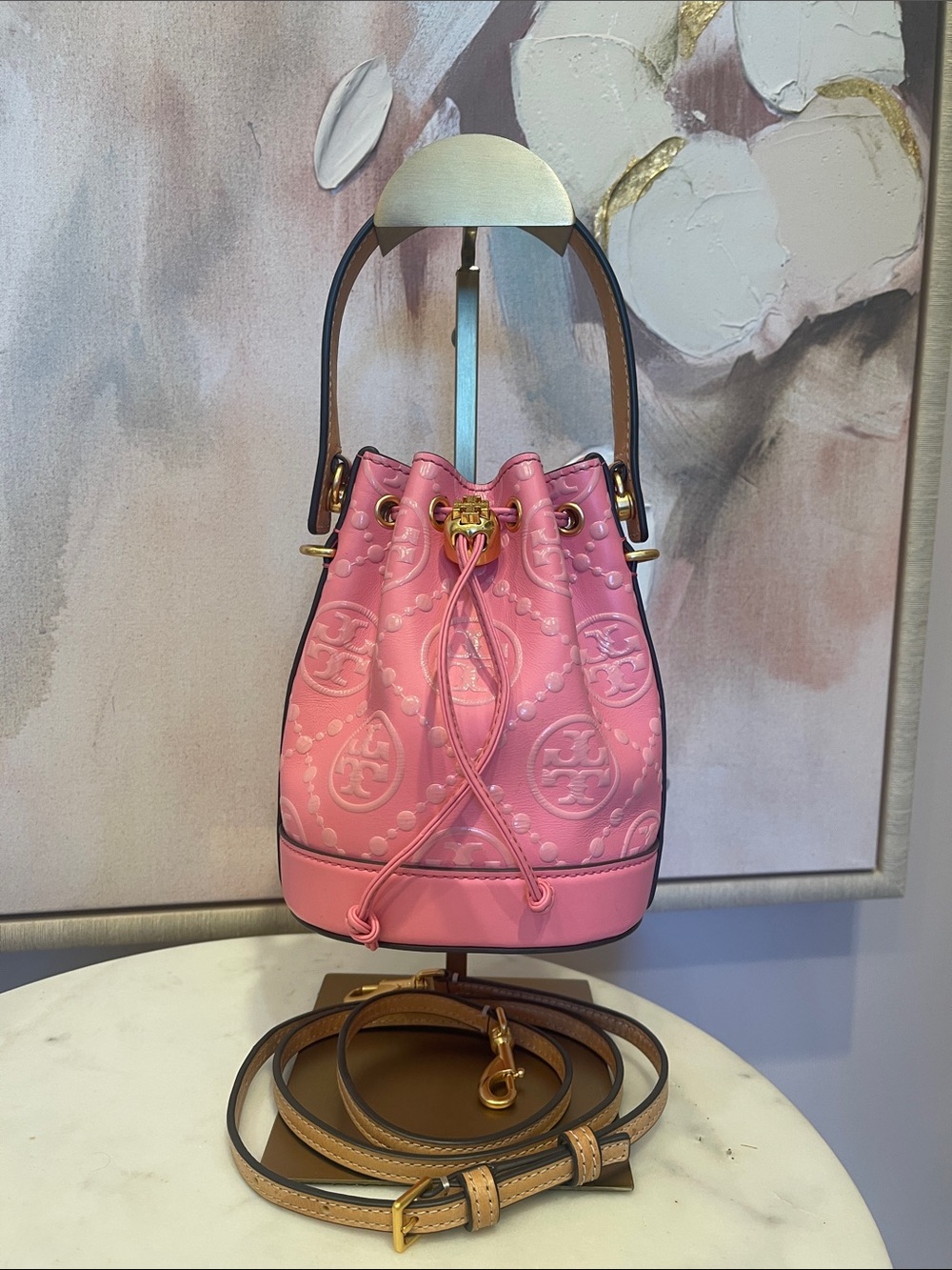 Tory Burch Pink T-Monogram Embossed Leather Bucket Bag